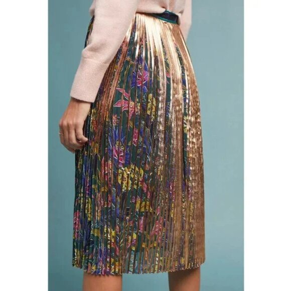 Anthropologie Dresses & Skirts - {Maeve by Anthropologie} Metallic Pleated Midi Skirt | Floral Printed Panel ~ 2